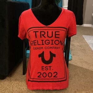 True Religion Bright Red V-Neck Logo Tee